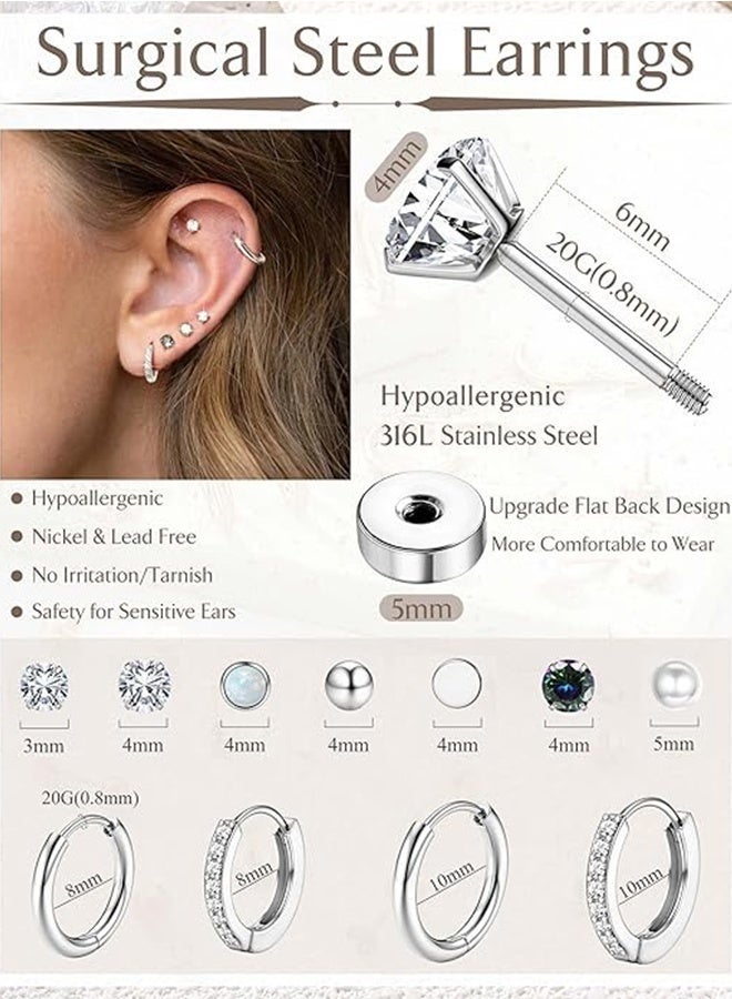 YSR VEF 11Pairs Hypoallergenic Stud Hoop Earrings for Women Small Flat Back Surgical Stainless Steel Earrings for Sensitive Ears Trendy Silver Hoops Cartilage Earring Stacks Set Multiple Piercing Jewelry Gifts - Image 5